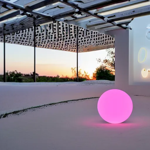 Image similar to An ultra high definition, professional photograph of an outdoor partial IKEA showroom inspired sculpture with a emoji smiley face white dot matrix light sign located on a pastel pink beach ((with pastel pink, dimpled sand where every item is pastel pink. )) The sun can be seen rising through a window in the showroom. The showroom unit is outdoors and the floor is made of dimpled sand. The showroom unit takes up 20% of the frame and is surrounded by barren beach environment. A square dot matrix sign displays an emoji somewhere in the scene. Morning time indirect lighting with on location production lighting on the showroom. In the style of wallpaper magazine, Wes Anderson.