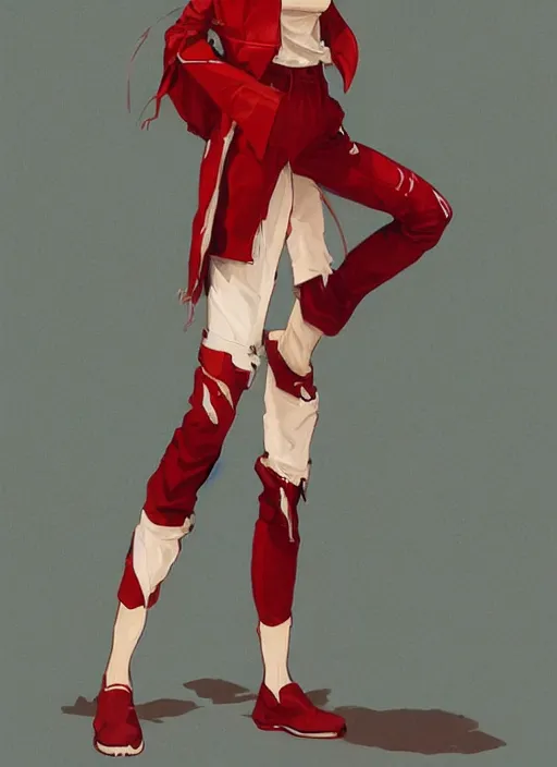 Image similar to full body long shot of Japanese female wearing red futuristic 1980s jacket and torn jean shorts, highly detailed, digital painting, artstation, concept art, sharp focus, illustration, art by greg rutkowski and alphonse mucha