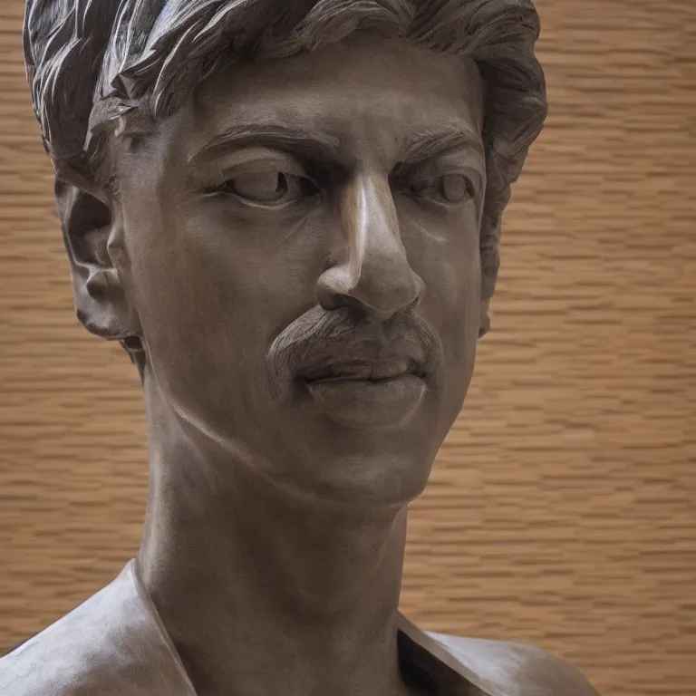 Prompt: public sculpture minimalist bust portrait of a shah rukh khan, beautiful symmetrical face accurate face detailed face realistic proportions, carved out of cedar wood on a pedestal by stephan balkenhol and martin puryear and ron mueck, hyperrealistic dramatic lighting shocking detail trending on artstation 8 k