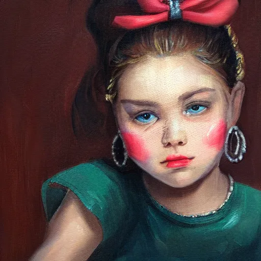 Prompt: a portrait painting of a girl with eyeballs as earrings and a huge bow on her head, 4k,