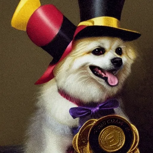 Image similar to A pomeranian wearing a top-hat and a monocle over its left eye, sitting on a pile of gold coins