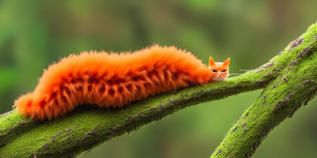 Prompt: orange cat caterpillar on a green branch, big eyes, big head, long body, side view, kodak photo, muted colors, depth of field