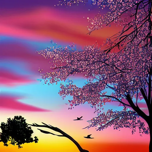 Prompt: birds on cherry tree, Changelingcore, serene, graceful, sunset photo at golden hour, Kodachrome, digital painting