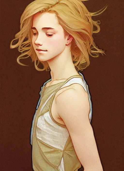 Prompt: pretty young man with shoulder length shiny shimmering golden blond hair, head down, demure, shy, path traced, highly detailed, high quality, digital painting, by studio ghibli and alphonse mucha, leesha hannigan, disney