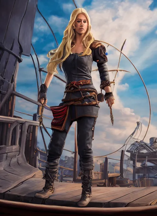 Image similar to An epic fantasy comic book style portrait painting of tall blonde haired female sky-pirate with a serious face and a pony tail in front of a metal gangplank in the style of the wheel of time, unreal 5, DAZ, hyperrealistic, octane render, cosplay, RPG portrait, dynamic lighting