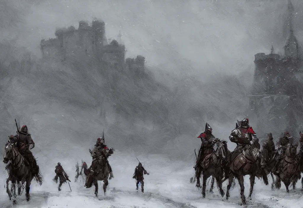 Prompt: medieval knights riding on a deep snowy dirt road towards a castle ruin, artstation, jakub rozalski, high detail