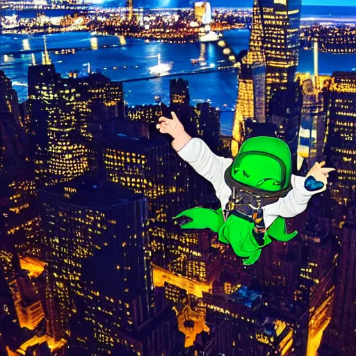 Image similar to baby yoda skydiving onto new York city at night