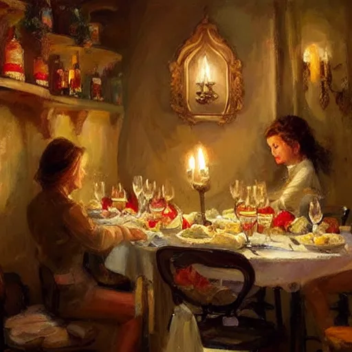 Image similar to wine cellar full of food, torches on the wall, schnapps, romantic, inviting, cozy, blonde woman, painting Vladimir Volegov