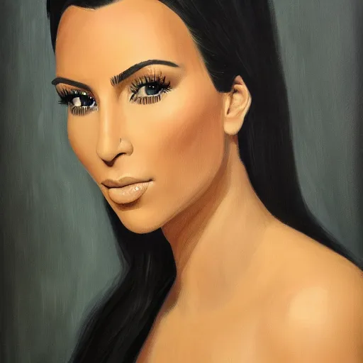 Prompt: a symmetrical portrait of kim kardashian, oil painting, pale colors, high detail, 8 k, wide angle, trending on artstation,