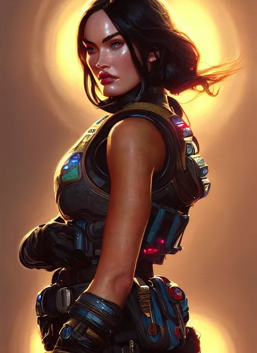 Image similar to portrait of apex legends megan fox, intricate, elegant, glowing lights, highly detailed, digital painting, artstation, glamor pose, concept art, smooth, sharp focus, illustration, art by artgerm and greg rutkowski, artey freytag