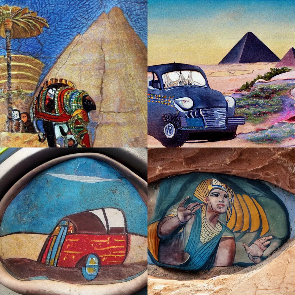 Prompt: egyptian rides in a car behind the wheel, rock painting in fresco