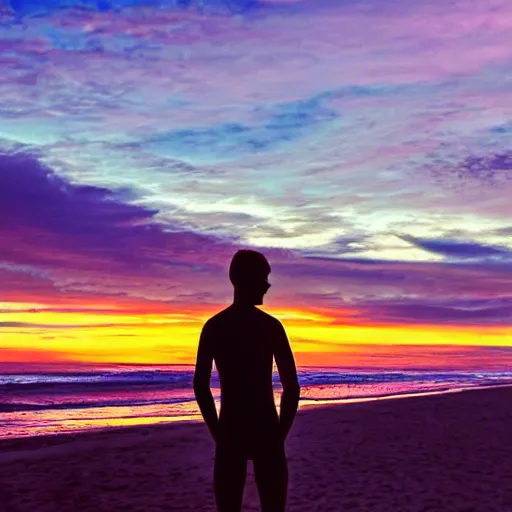 Image similar to teenage surfer standing at the beach. Purple sky with fluffy clouds and an airplane In the background