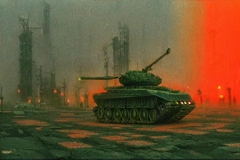 Image similar to glowing green alien crystals, polished green quartz surface irradiating radioactive zombie infested city, t - 9 0 tank, dark apocalyptic orange and red wasteland, beksinski