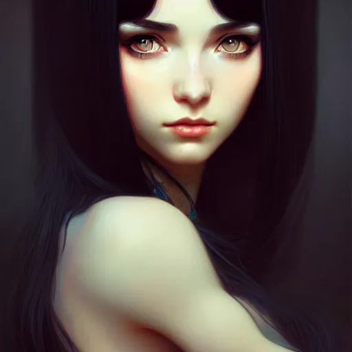 Image similar to a beautiful girl with long black hair and bangs, fantasy, portrait, sharp focus, intricate, elegant, digital painting, artstation, matte, highly detailed, concept art, illustration, ambient lighting, art by ilya kuvshinov, artgerm, Alphonse mucha, and Greg Rutkowski