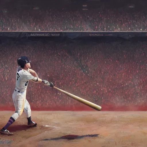 Image similar to baseball player hitting the ball with the baseball bat in the middle of the game and in front of everyone in the stadium, james gurney painting style, greg rutkowski, artstation