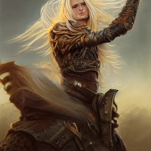 Image similar to portrait, handsome long - haired fantasy paladin, blond, rpg game, stern expression, long hair, highly detailed, digital painting, artstation, concept art, smooth, sharp focus, illustration, artgerm, tomasz alen kopera, peter mohrbacher, donato giancola, joseph christian leyendecker, wlop, frank frazetta