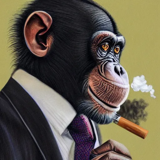 Image similar to a high detail portrait of a chimp wearing a suit 👔,and smoking🚬