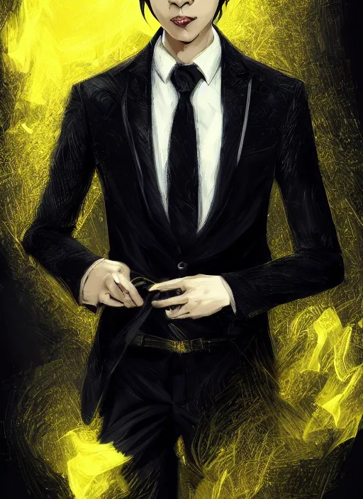 Prompt: a highly detailed illustration of young attractive black haired asian guy wearing black suit and tie with coattails, yellow eyes, dramatic elegant pose, strings background, intricate, elegant, highly detailed, centered, digital painting, artstation, concept art, smooth, sharp focus, league of legends concept art, wlop.