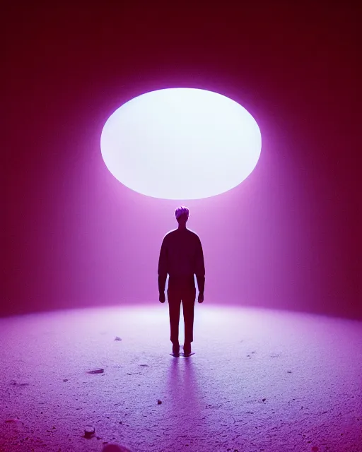 Image similar to a person standing in front of a glowy open door that's on a barren moon, poster art by mike winkelmann, trending on cg society, space art, sci - fi, ue 5, futuristic, volumetric lighting, light casting onto the ground, neat composition and camera angle