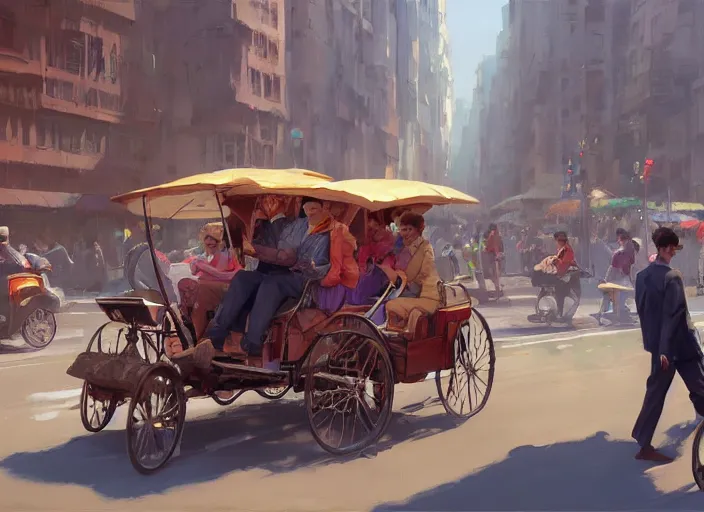 Image similar to an oligarch riding rickshaw-wagon being pulled by crowd of tired poor people in a Mandelbrot fractal modern city by Craig Mullins, ilya kuvshinov, krenz cushart, artgerm trending on artstation by Edward Hopper and Dan Mumford and WLOP and Rutkovsky, Unreal Engine 5, Lumen, Nanite