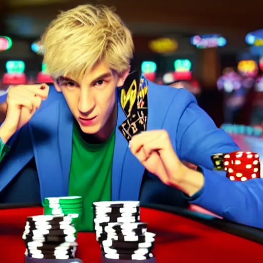 Image similar to film still of xqc gambling in Vegas, 4k, photorealism, artstation style