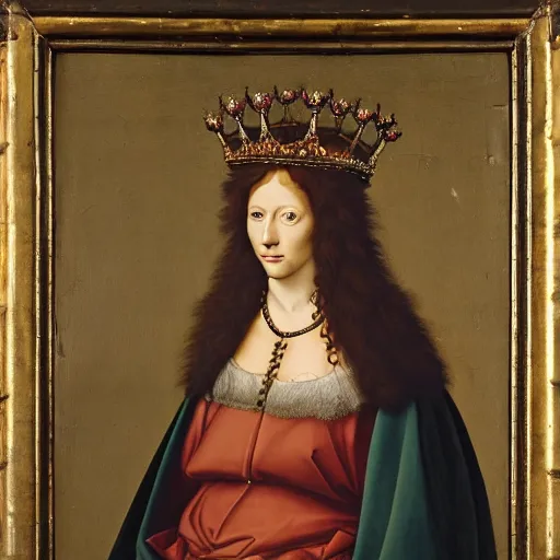 Prompt: a renaissance style portrait of a wild lion wearing a crown and a cape, dark background