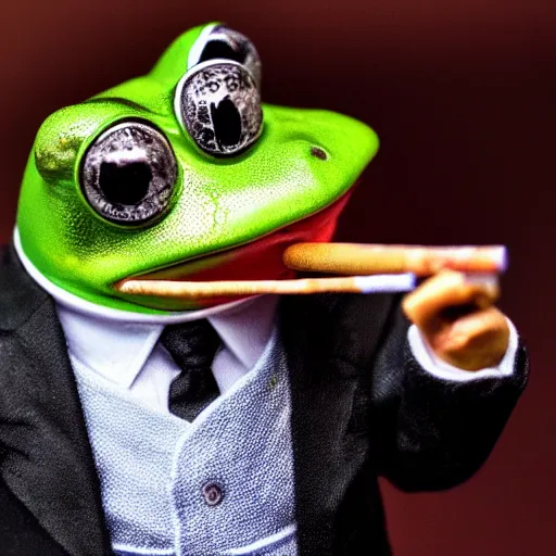 Image similar to a high detail closeup shot of a frog wearing a suit 👔,and smoking a cigarrette🚬