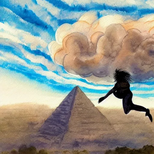 Prompt: egyptian man with long curly hair skydiving with a small black puppy, dreamy clouds, pastel tones, watercolor painting, intricate details, sharp, fairylike, peaceful