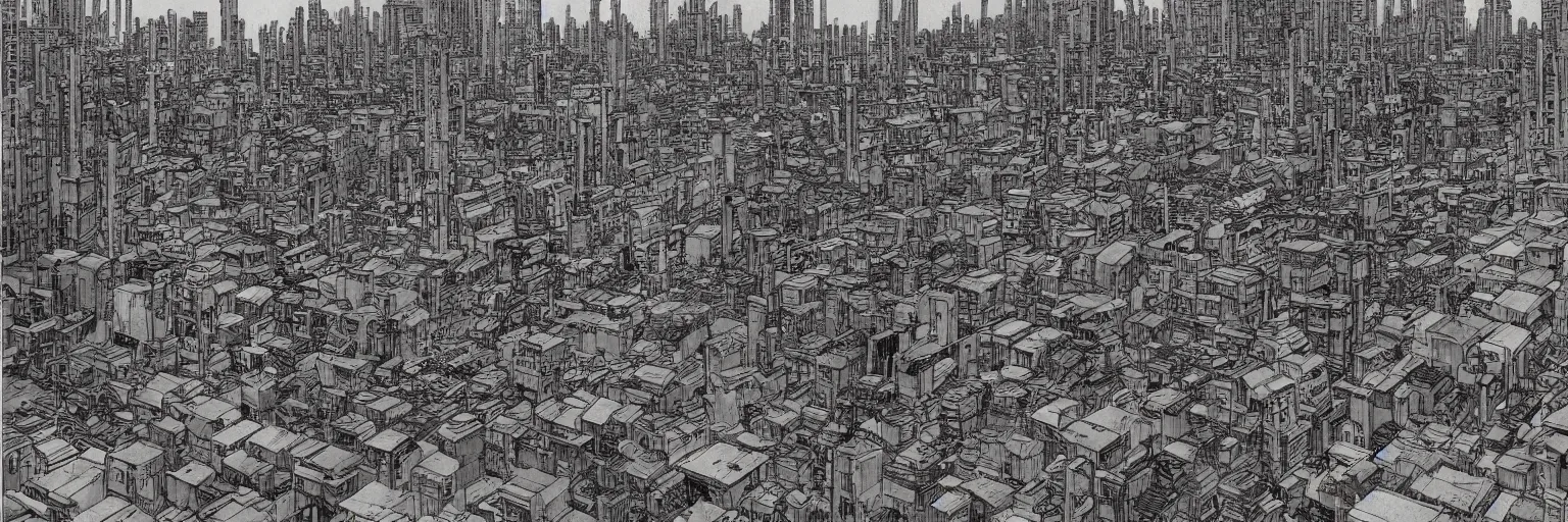 Prompt: dystopian city neighborhood slums by Katsuhiro Otomo