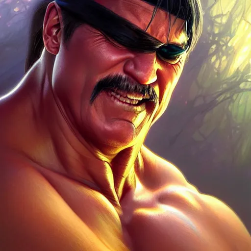 Prompt: Hulk Hogan, fantasy, intricate, elegant, highly detailed, digital painting, artstation, concept art, matte, sharp focus, illustration, art by Artgerm and Greg Rutkowski and Alphonse Mucha