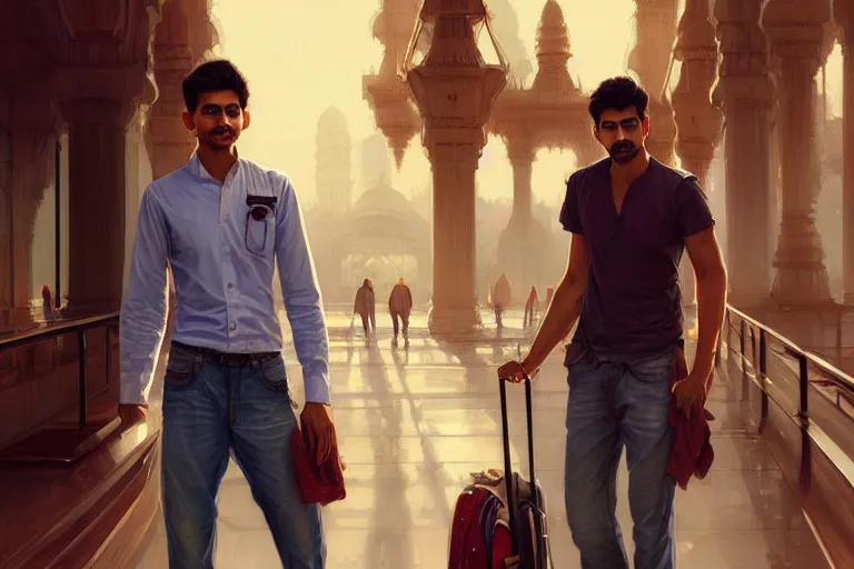 Prompt: Anxious good looking pale young Indian doctors wearing jeans and shirts at the airport, portrait, elegant, intricate, digital painting, artstation, concept art, smooth, sharp focus, illustration, art by artgerm and greg rutkowski and alphonse mucha