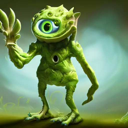 Prompt: cute anthropormorphic unusual alien plant creature with big eyes and leafy arms and legs character concept detailed painting 4 k