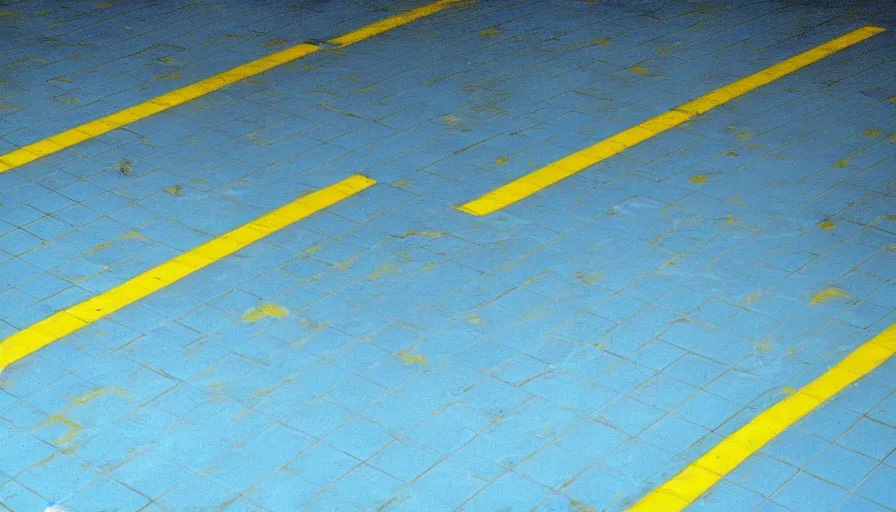 Image similar to 1 9 6 0 s movie still of an empty blue and yellow tiles municipal swimmingpool, low quality, liminal space style