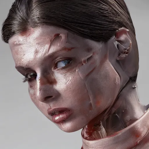 Image similar to photographic stil of beautiful model, a human robot woman, artificial flesh, bones, blood, westworld style, medium - shot, insanely detailed, photorealistic, beautiful soft light, octane render, by annie leibowtiz