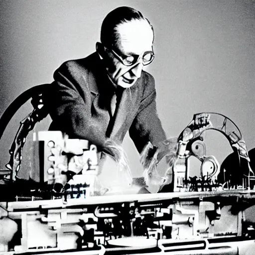 Image similar to filmstill of Marcel Duchamp working on a futuristic machine, long exposure, historical epic composition, in the style of Hito Steyerl and Andreï Tarkovski, archival pigment print