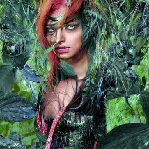 Image similar to A beautiful portrait of Deepika Padukone as Poison Ivy from Batman as a Versace fashion model Spring/Summer 2010, highly detailed, in the style of cinematic, Getty images, Milan fashion week backstage, Makeup by Pat McGrath, Hair by Guido Palau, Greg rutkowski