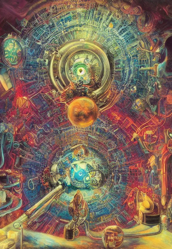 Image similar to colorful medical equipment, cameras, radiating, neon light mandala, minimalist environment, by ryan stegman and hr giger and esao andrews and maria sibylla merian eugene delacroix, gustave dore, thomas moran, the movie the thing, modern art, graffiti, saturated