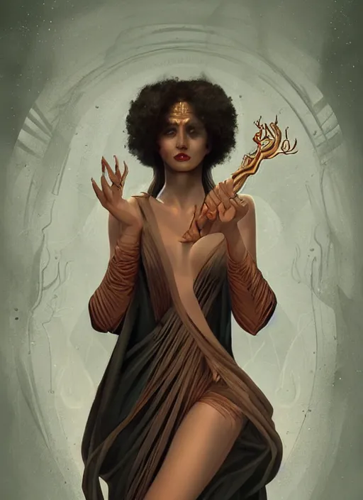 Image similar to tarot!!, high priestess, no noise, elegant, concept art, sharp focus, beautiful face!!, digital art, smooth defined outlines!!, human anatomy, human structure, vector background, dark fantasy, by Brom, trending on Artstation, Tom Bagshaw, Sargent