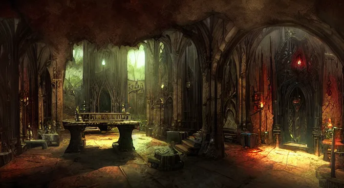 Image similar to dark sinister vampire lair interior by Marc Simonetti, adventure game