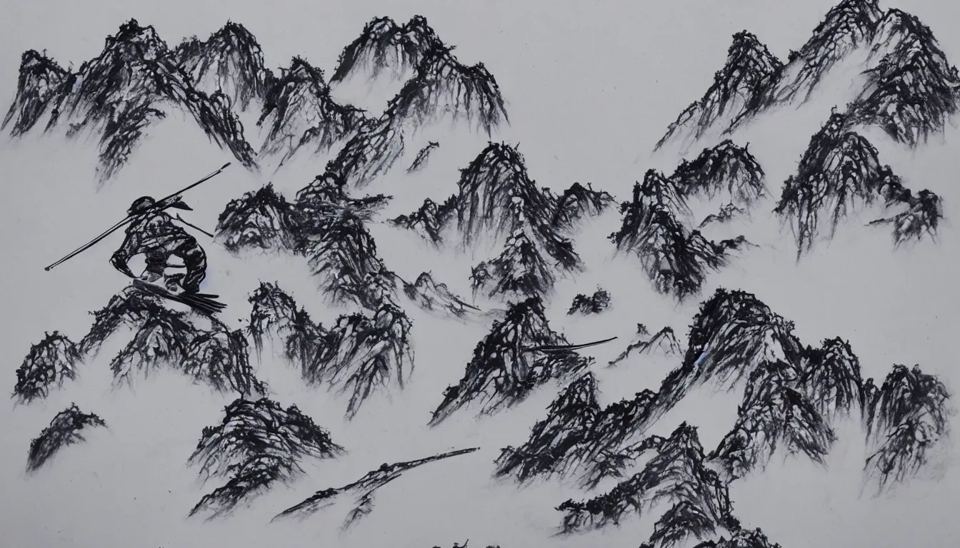 Image similar to traditional chinese ink drawing of a skier, ultra detailed