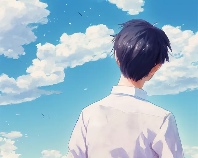 Image similar to teen looking at blue sky, wearing white collared shirt, back turned, looking up, illustration, by pine ( ハイネ ) and 薯 子 imoko and 香 川 悠 作 and wlop and maya takamura, highly detailed, trending artstation, pixiv, digital art