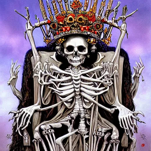 Prompt: beautiful painting of the queen of bones by a cemetary, sitting on a throne, detailed face, with a crown of skulls, skull earings, painting by jean giraud, jeff easley