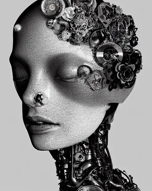 Image similar to black and white dreamy foggy smoky profile face portrait, one silver steampunk eye biomechanical beautiful young female cyclope - cyborg - robot bust, body ribs meshes,, volumetric light, hibiscus flowers, by hg giger, rim light, by dora maar and cecile beaton, big gothic fashion pearl embroidered collar, 8 k