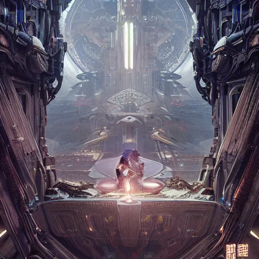 Prompt: futuristic cyberpunk neverending story palace, ultra realistic, concept art, intricate details, serious, highly detailed, photorealistic, octane render, 8 k, unreal engine, art by todd mcfarlane and artgerm and greg rutkowski and alphonse mucha