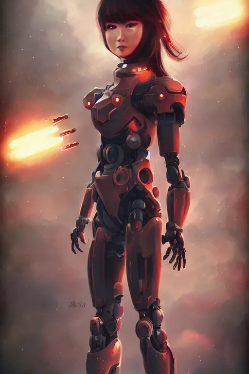 Prompt: a young attractive Asian woman piloting a mecha, in the style of Artgerm and Tom Bagshaw