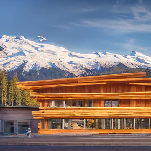 Image similar to architecture photo modern fachwerk wooden school with Elbrus mountain on the background, architecture, photorealism 8k , shining and happy atmosphere, uplight, high details