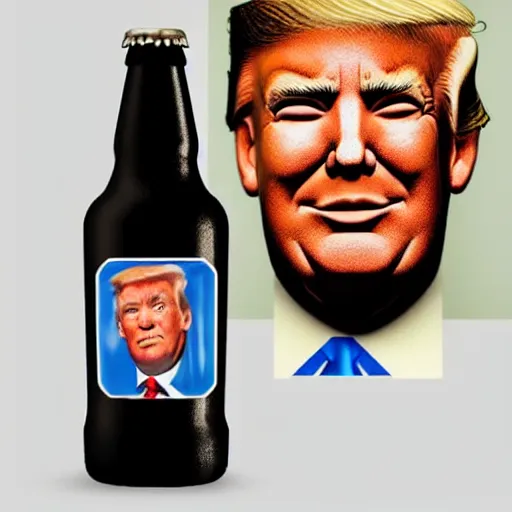 Image similar to a beer bottle with trumps face on its logo, hyper realistic, highly detailed.