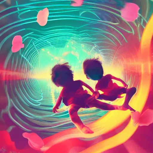 Image similar to two children silhouettes floating in opposition in zero gravity through spacetime in a loose tangle of retro console cables and controllers, flowing lines, dreamy atmosphere, surrounded by individual shimmering tiny flower petals and retro gaming collectibles, trending on artstation, hyper realistic, ross tran, WLOP