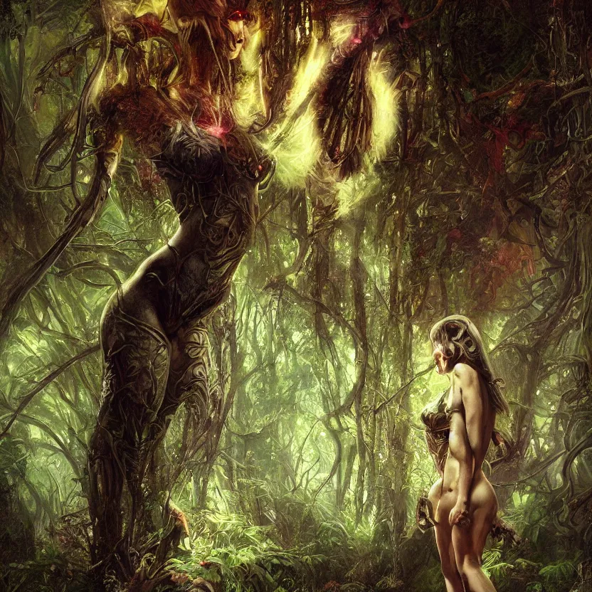 Image similar to a close - up dark sci - fi fantasy portrait of a angelic alien nymph girl overgrown with silver mushrooms in a jungle. reflective textures. glowing fog in the background. highly detailed science fiction painting by norman rockwell, frank frazetta, and syd mead. rich colors, high contrast, gloomy atmosphere, dark background. trending on artstation