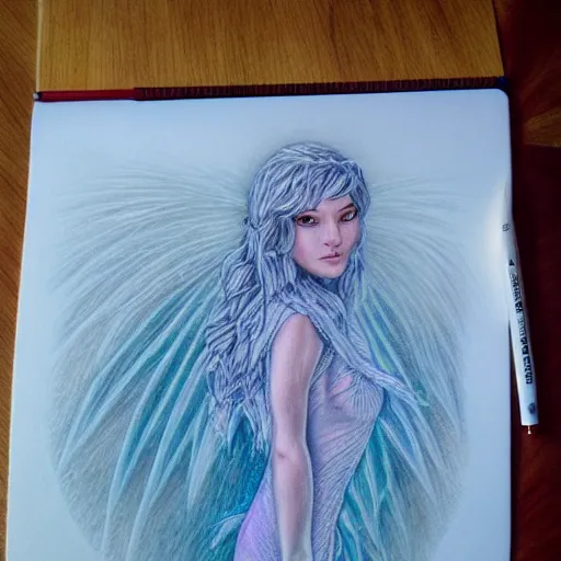 Image similar to Colored pencil art on paper, Frost Fairy, highly detailed, artstation, Caran d'Ache Luminance